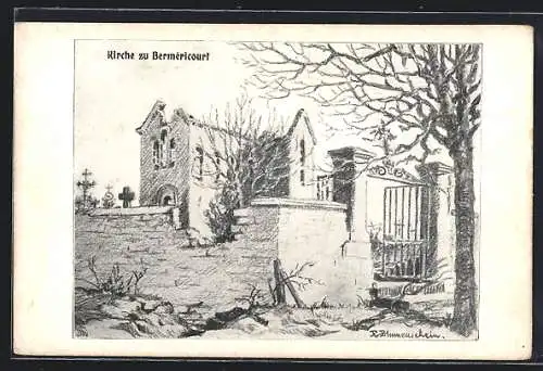 Künstler-AK Berméricourt, Ruine der Kirche