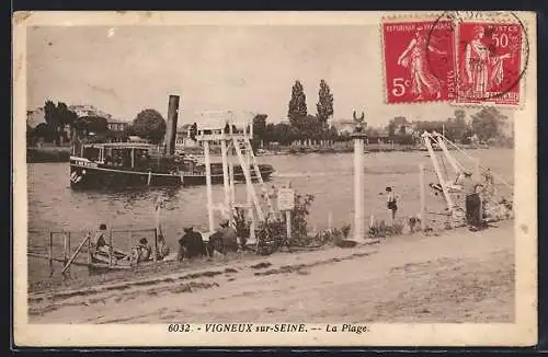 AK Vigneux-sur-Seine, La Plage avec bateau à vapeur sur la Seine