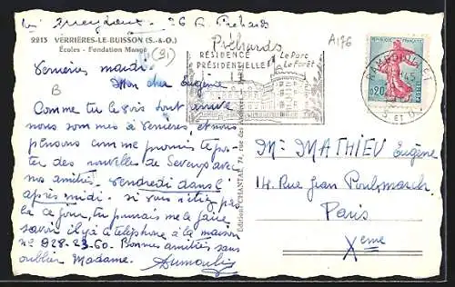 AK Verrières-le-Buisson, Écoles de la Fondation Moneg, facade et arbres majestueux