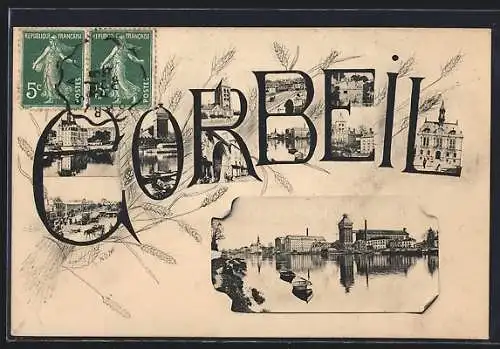 AK Corbeil, Collage de vues de la ville avec scènes de rivière et architecture historique