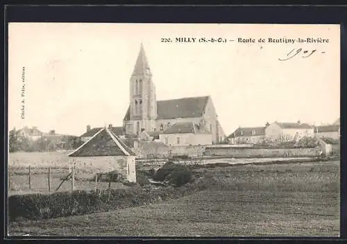 AK Milly, Route de Boutigny-la-Rivière et église en arrière-plan