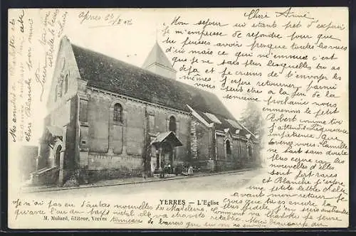 AK Yerres, L`Église de Yerres avec une correspondance manuscrite