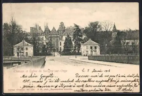 AK Savigny-sur-Orge, Château et Église dans un paysage hivernal