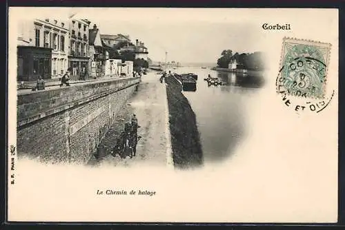 AK Corbeil, Le Chemin de halage avec vue sur la rivière et les maisons adjacentes