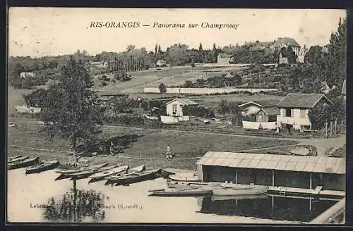 AK Ris-Orangis, Panorama sur Champrosay avec barques sur la rivière