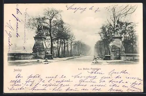 AK Juvisy, Les Belles Fontaines et allée bordée d`arbres