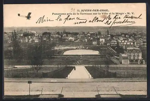 AK Juvisy-sur-Orge, Panorama pris de la terrasse sur la ville et le Miroir avec avion