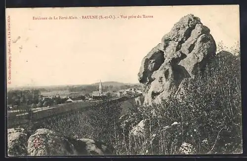 AK Baulne, Vue prise du Tertre avec rochers et village en arrière-plan