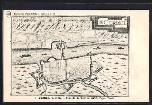 AK Corbeil, Plan de la ville en 1638 avec le fleuve et les fortifications