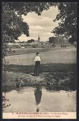 AK St Michel-sur-Orge, Les bords de l`Orge et l`église en arrière-plan