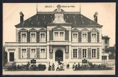 AK Milly, Hôtel de Ville avec habitants devant l`entrée