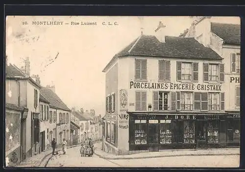 AK Montlhéry, Rue Luisant avec épicerie et boutique de porcelaine