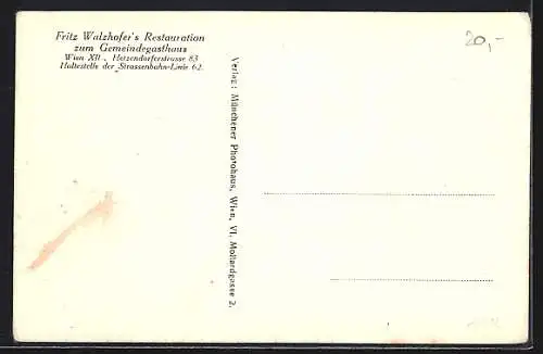 AK Wien, Fritz Walzhofer`s Restaurant zum Gemeindegasthaus, Hetzendorferstrasse 83