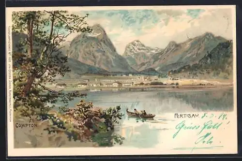 Künstler-Lithographie Edward Theodore Compton: Pertisau, Fernsicht der Ortschaft, Ruderboot