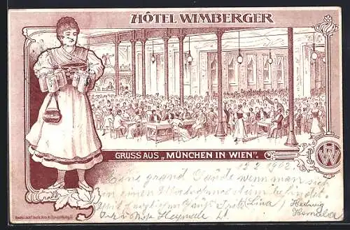 Lithographie Wien, München in Wien, Trinkhalle im Hotel Wimberger, Kellnerin mit Bierkrügen