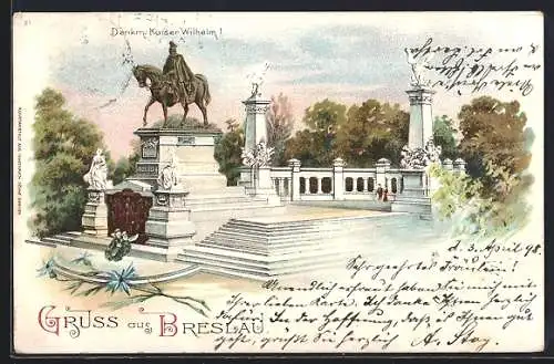 Lithographie Breslau, Denkmal Kaiser Wilhelm I.