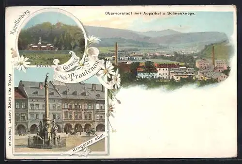 Lithographie Trautenau, Ringplatz, Kapellenberg, Obervorstadt mit Schneekoppe