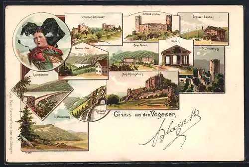 Lithographie Drei Ähren, Panorama, Ottrotter Schlösser, Donon, Grosser Belchen