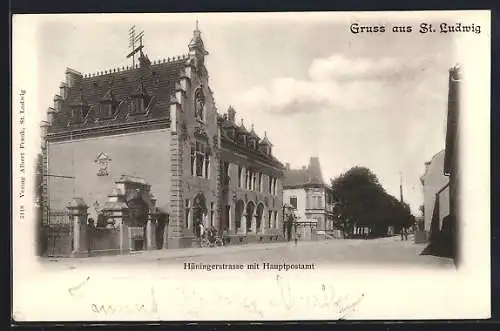 AK St. Ludwig, Hüningerstrasse mit Hauptpostamt