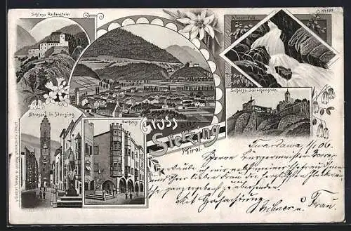 Lithographie Sterzing /Tirol, Strassenpartie, Rathaus, Schloss Reifenstein und Wasserfall