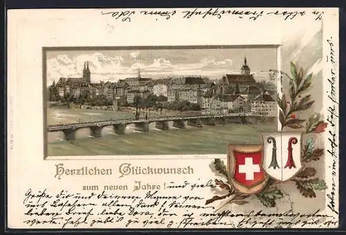 Lithographie Basel, Alte Rheinbrücke mit Wappen