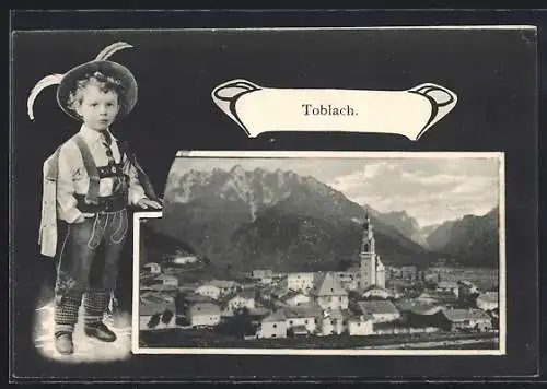 AK Toblach, Panorama, Knabe in Tracht