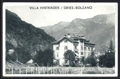 AK Gries-Bolzano, Pension Villa Hinträger mit Bergkulisse