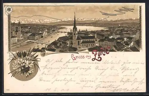 Lithographie Zürich, Gesamtansicht mit Quai, Brücken und Züricher See