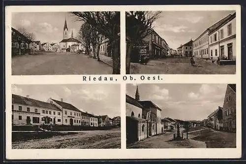 AK Riedau, Hauptplatz mit Mariensäule und Geschäften