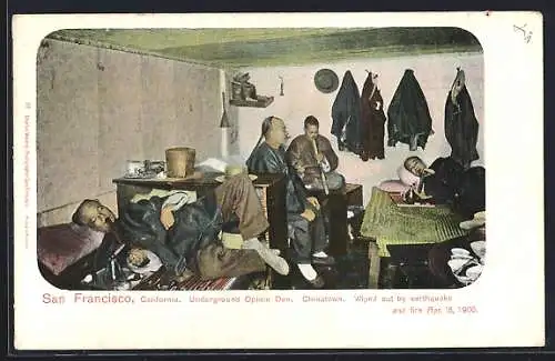 AK San Francisco, Underground Opium Den. Chinatown, Wiped out by earthquake and fire 1906, Chinesische Opiumpfeife