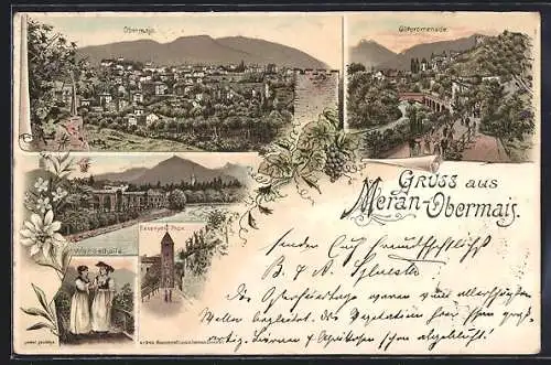 Lithographie Meran, Obermais, Gilfpromenade, Wandelhalle, Passeyer Tor