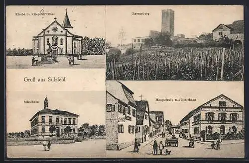 AK Sulzfeld / Baden, Kirche und Kriegerdenkmal, Ravenburg, Schulhaus und Hauptstrasse mit Pfarrhaus