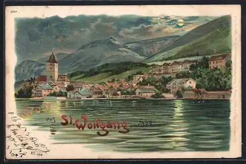 Lithographie St. Wolfgang am See, Ortsansicht vom See her bei Vollmond