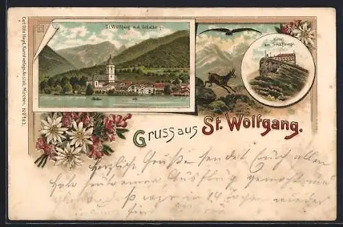 Lithographie St. Wolfgang, Ortsansicht vom Ufer aus, Hotel auf dem Schafberge