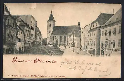 AK Ottensheim, Strassenpartie mit Kirche