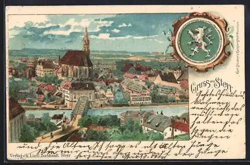 Lithographie Steyr, Ortsansicht aus der Vogelschau