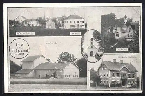 AK St. Radegund, Hofbauers Gasthaus und Schulhaus, Eichelseder`s Krämerei, Passionshalle