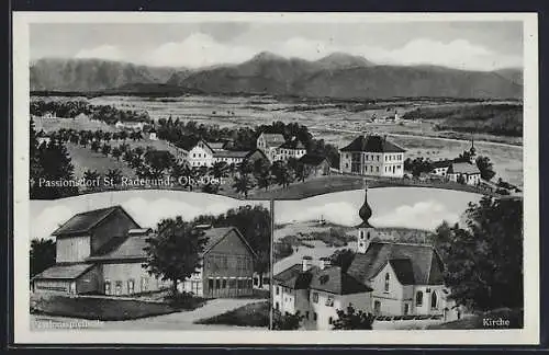 Künstler-AK St. Radegund, Passionsspielhalle, Kirche und Gesamtansicht