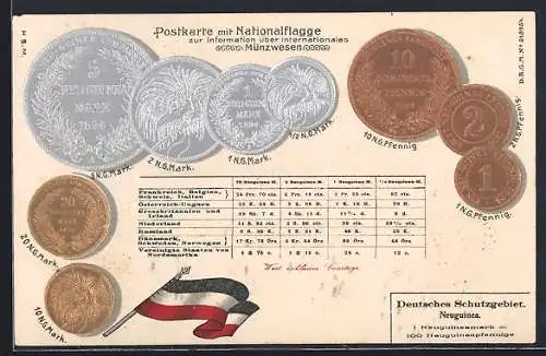 AK Neuguinea, Münzen, Währungstabelle und Reichsfahne