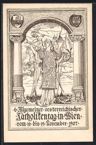 AK Wien, 6. Allgemeiner oesterreichischer Katholikentag 1907, Gläubiger mit Flügel und Trompete