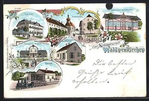 Lithographie Waldneukirchen, Kurhotel, Kneipp Kur-Anstalt, Bahnhof mit Dampflok