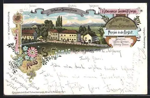 Lithographie St. Thomas b. Ried im Innkreis, Heilbad und Sommerfrische mit Pension gegen die Alpen