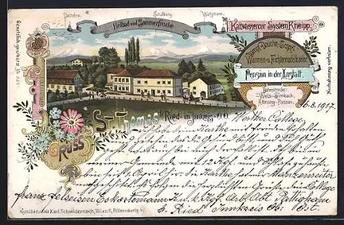 Lithographie St. Thomas b. Ried im Innkreis, Das Heilbad mit Pension gegen Dachstein, Schafberg und Watzmann