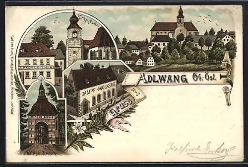 Lithographie Adlwang /Ob.-Öst., Kirchen-Platz, Dampf-Molkerei, Heiliger Brunnen