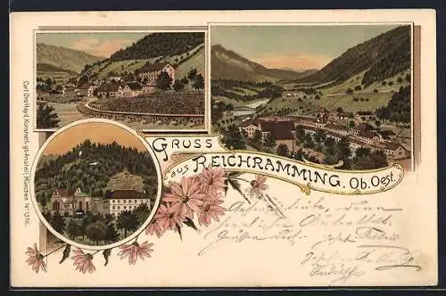 Lithographie Reichraming /Ob. Oest., Holzlager, Ortsansicht mit Brücke, Kirche