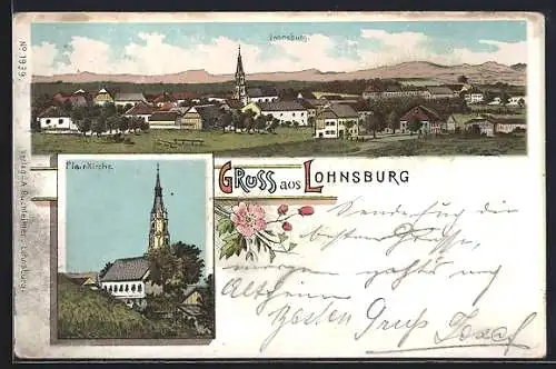 Lithographie Lohnsburg, Pfarrkirche, Totalansicht gegen die Berge