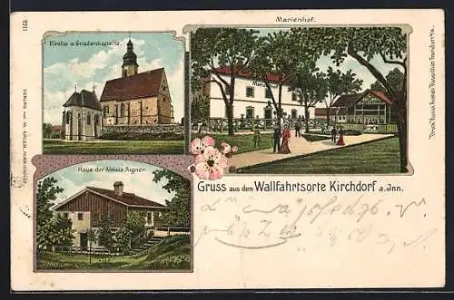 Lithographie Kirchdorf a. Inn, Gasthaus Marienhof, Haus der Aloisia Aigner, Kirche mit Gnadenkapelle