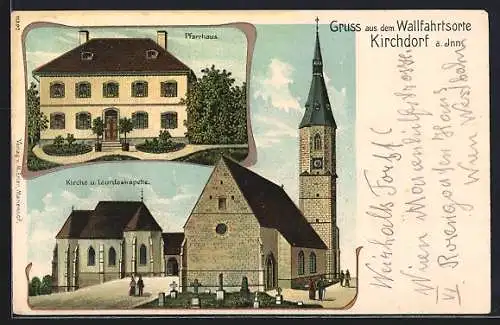 Lithographie Kirchdorf am Inn, Pfarrhaus, Kirche und Lourdeskapelle