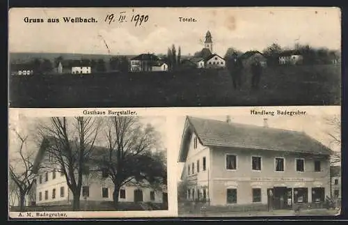 AK Weilbach, Gasthaus Burgstaller, Handlung Badegruber, Ortsansicht