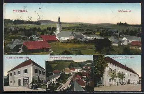 AK Mehrnbach, Gesamtansicht, Unterer Kirchplatz, Reinthaler`s Handlung, Andorfer`s Gasthaus